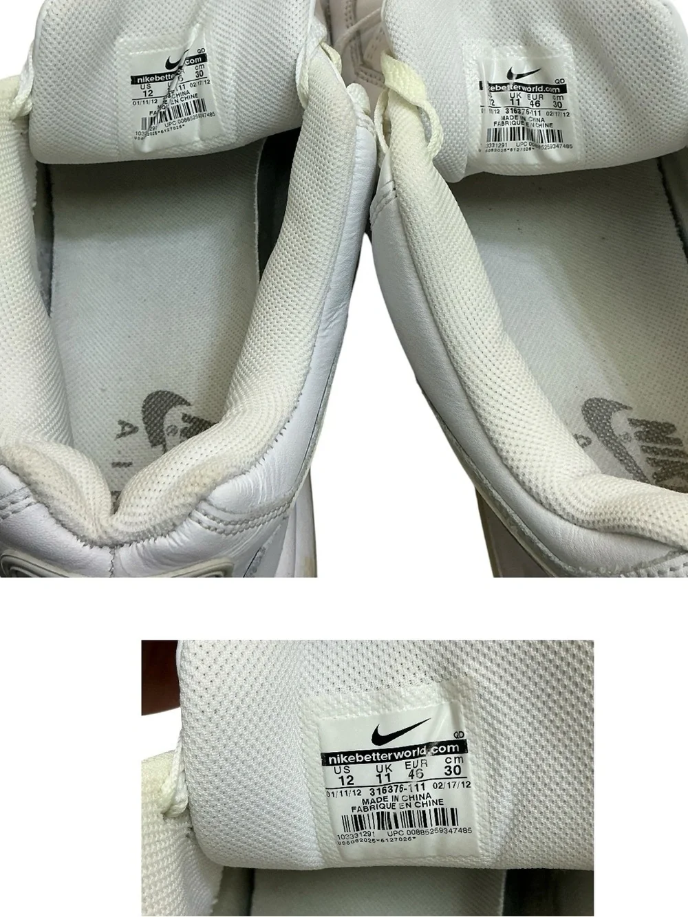 Nike Air Max Running Shoes White 316376-111 Low Top Lace Up Sneakers Men's US 12